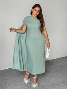 Firerie Vestido midi con mangas tipo poncho en verde menta pálido, de corte entallado y plisado, elegante y romántico, adecuado para temporada de bodas, Día de San Valentín, conciertos de música, actuaciones, citas, banquetes de alto nivel, bailes, bodas, sexy, grácil, para ir a la oficina, fiestas de cumpleaños, vacaciones, playa - verde menta - Ver 2