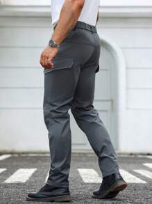 Manfinity Homme Quần Cargo dáng ôm túi màu trơn đơn giản cho nam - Màu xám đen - Xem 5