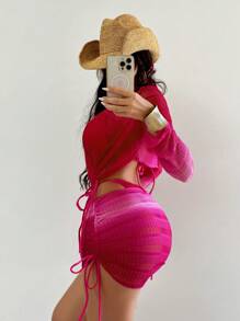 Swim SXY 4 件套女士新款性感比基尼套装：细肩带露背上衣、侧系带衬衫、侧系带短裤和性感侧系带裙 - 玫紅色 - 查看 2
