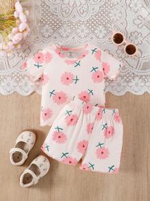 SHEIN Playful Pals 2 pezzi/set Bambina Casual Carino Stampa Maglietta Manica Corta e Shorts Abbinati, Estivo