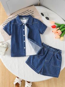 2 Stück/Set Mädchen Lässig Chic College Stil Blau Gewaschen Denim Baumwolle Kurzarm Top und Shorts Set - Blau - Übersicht 4