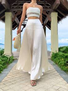 SHEIN EZwear Women's Summer Holiday Solid Color Loose Pleated Wide Leg Pants - White - View 7