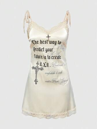 ROMWE Avant Damen Mini-Kleid aus Satin mit Engel-Kreuz-Aufdruck