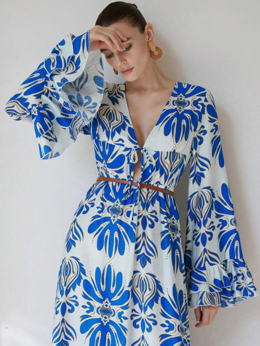 Aveloria Modichic Seaside Blue Print Bamboo Linen Dress,Deep V-Neck Tie-Waist Double-Layer Ruffle Sleeve,Slim Fit,Beige,Autumn,Boho,Tea Party,Holiday Vacation For Women - Multicolor - View 1