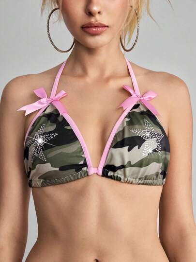 J-Fashion Y2K Style Camouflage Bowknot Decor Star Rhinestone Decor Wireless Bra