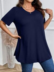 EMERY ROSE Plus Size Plain Short Sleeve T-Shirt, Casual And Versatile, Summer - Navy Blue - View 6