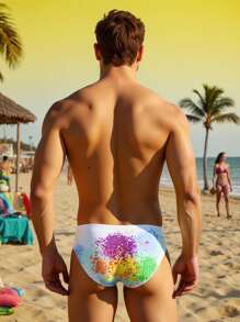 Manfinity Swimmode Bañadores triangulares con estampado de letras y teñido anudado de moda para hombres - Blanco - Ver 2