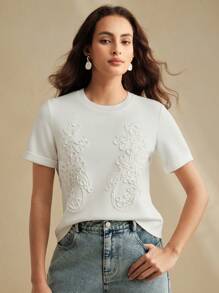 Anewsta New Fashionable High Quality Casual Minimalist Embroidered Design Women Summer T-Shirt - White - View 5