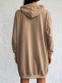 Cottnline Cotton Letter Graphic Pocket Drop Shoulder Drawstring Hooded Dress - Apricot - View 2