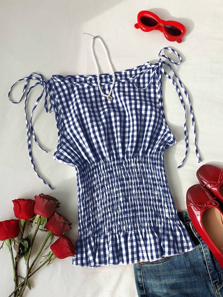 Comfortcana 大码女式蓝白格子休闲抽绳腰吊带背心 - 藍色 - 查看 1