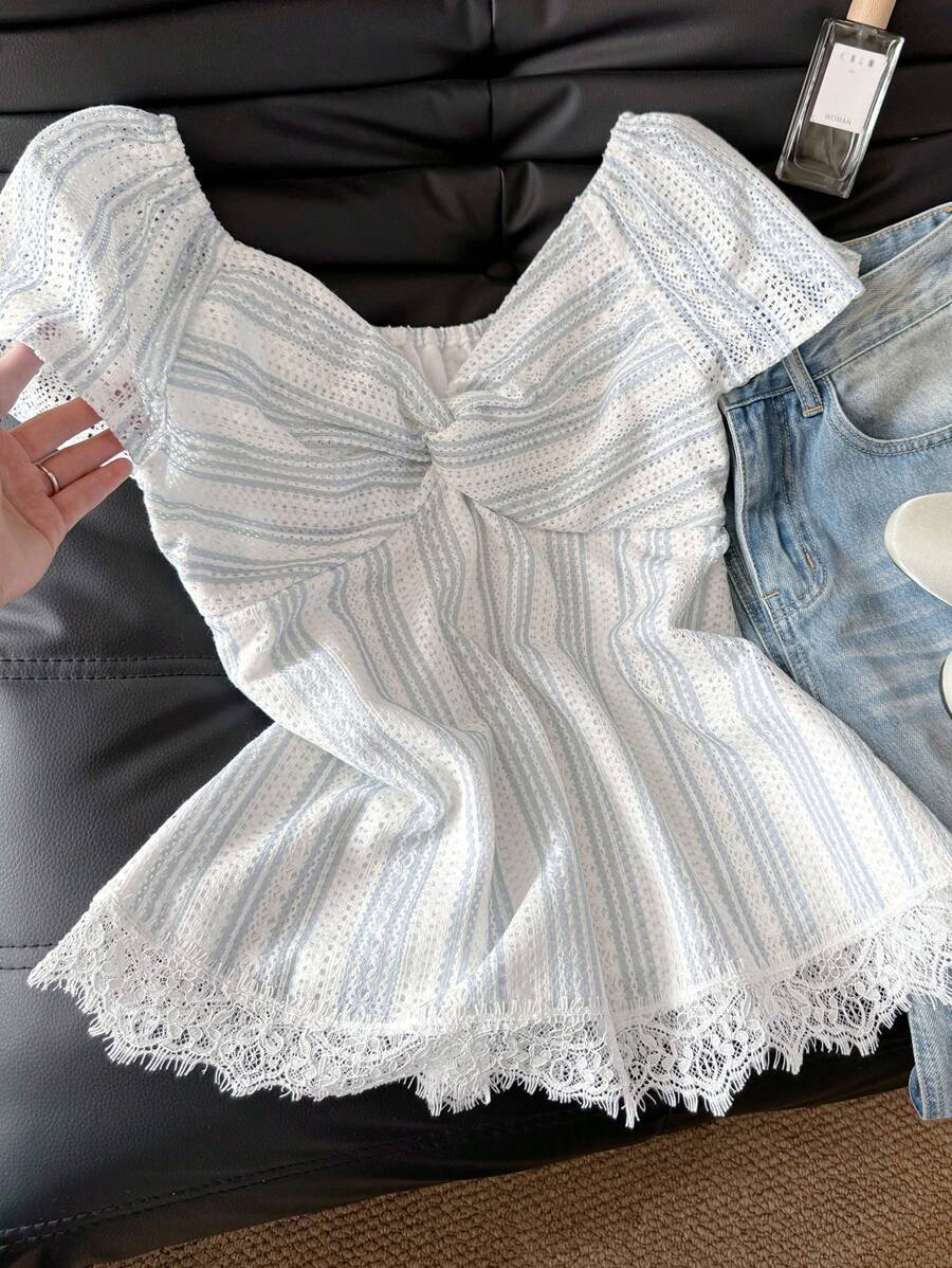 DAZY Áo thun tay ngắn cổ chữ V họa tiết kẻ sọc và lưới ren đục lỗ cho nữ, thanh lịch, mùa hè, áo babydoll - Màu xanh bạc hà - Xem 1