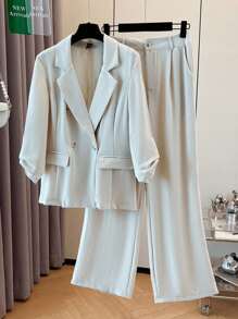 Franclia Women's Elegant Office Casual Buttoned Sleeve Mid-Sleeve Pant Suit