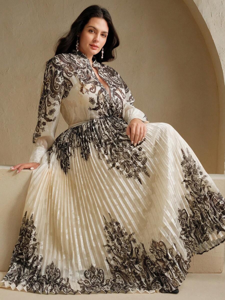 Anewsta Plus Size Women Elegant Jacquard Printed Button Long Sleeve Blouse, Casual Regular Fit Regular Version - Apricot - View 1