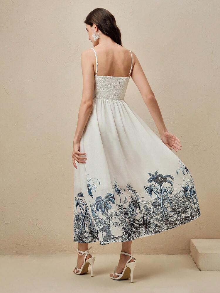 Women's Elegant White Midi Dress With Tropical Print Spaghetti Strap Knee Length And Flared Hem