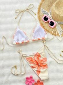 Swim SXY Women's Multi-Color Special Fabric Floral Print Sexy Tie Front Halter Top And Bikini Bottom 2-Piece Swimsuits, Beach Summer Outfits