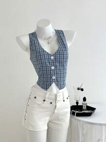 Elamini 女式夏季格纹单排扣短背心