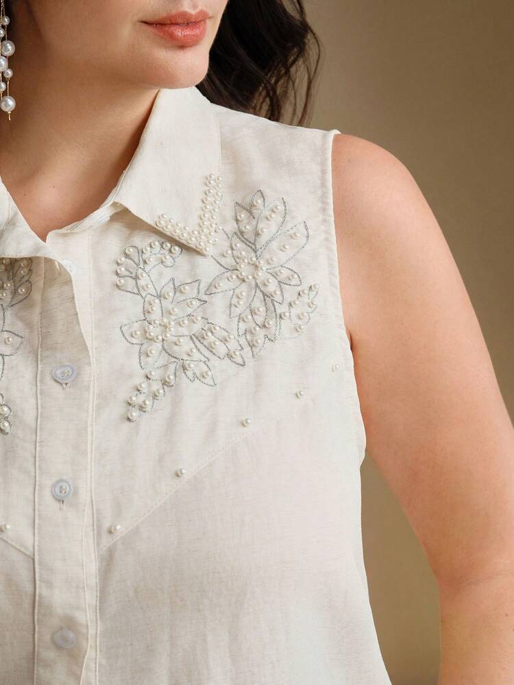 Blusa elegante sin mangas con bordados y decoración de perlas, color albaricoque, para mujer de talla grande, para primavera/verano