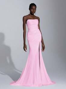 Elitara Women's Elegant Solid Color Satin High Slit Sweep Train Tube Top Wedding Dress - Baby Pink - View 5