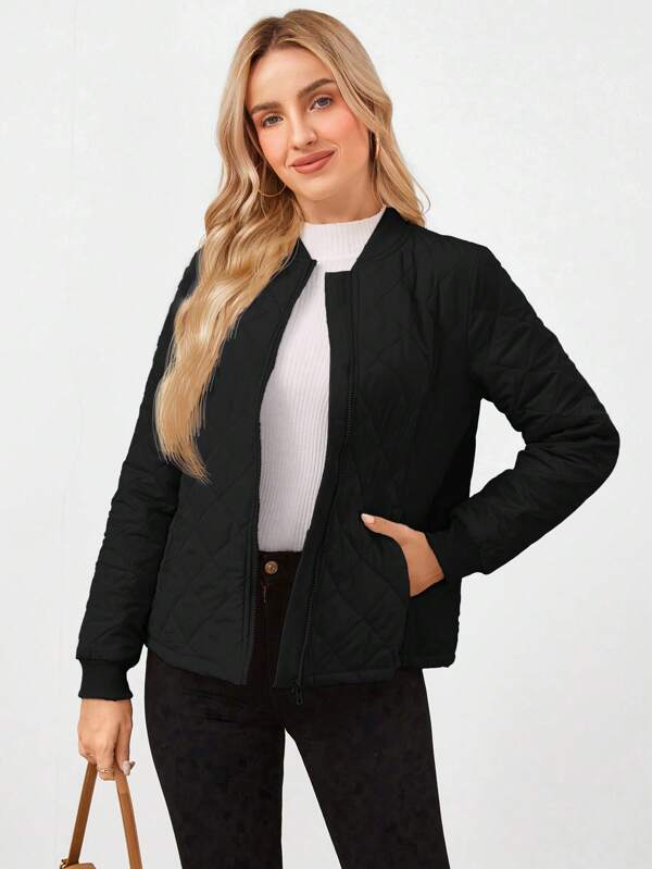 Wildy Chaqueta vuelo de mujer casual de unicolor con patrón de rejilla de diamantes para otoño e invierno