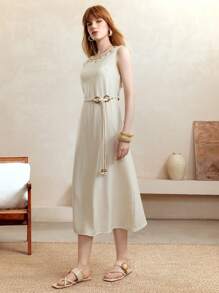EMERY ROSE 女士优雅杏色亚麻贝壳织带麻绳腰带中长连衣裙，圆领无袖设计，新款秋季女教师开学礼服 - 高端法式优雅，休闲办公风格，全白派对装女士 - 杏色 - 查看 3