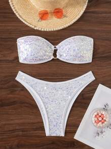 Swim SXY 女款純色亮片平口綁結比基尼上衣 & 泳裝套裝，夏季海灘度假 - 白色 - 查看 8