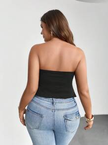 SHEIN Privé Plus Twist Front Lettuce Trim Split Hem Tube Top - Black - View 7