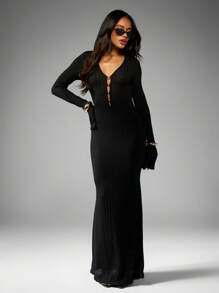 MISSGUIDED Long Sleeve Textured Knit Maxi Evening Dress Floor Length Plunge Neckline Elegant Winter Fall Holiday Party Gown With Bell Sleeves - Black - View 3