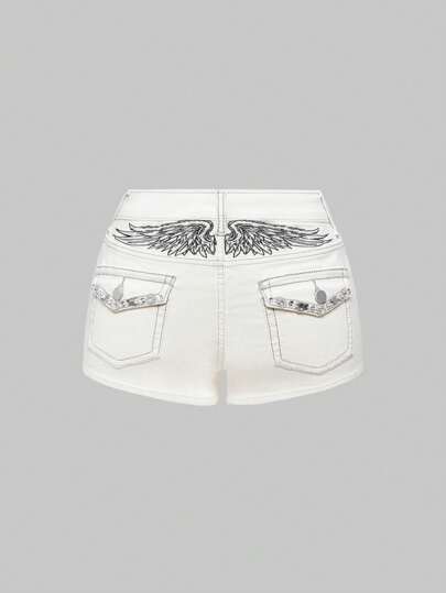 Grunge Punk Pantalones cortos de tiro bajo con espalda descubierta, bordados con alas y con pedrería, estilo Y2K