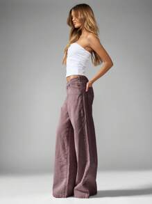 MISSGUIDED High Waisted Wide Leg Denim Jeans Retro Style Autumn Winter Fashion Palazzo Pants Classic Casual Wear Washable Full Length Bottoms - Burgundy - View 5