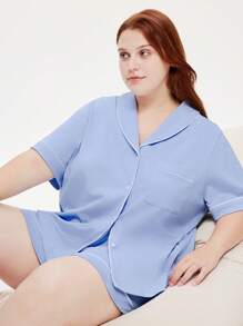 LUVLETTE Women's Plus-Size Breathable 100% Pure Cotton Blue Short-Sleeve Button-Up Top & Shorts Airy Loungewear Pajama Set Pants With Pockets