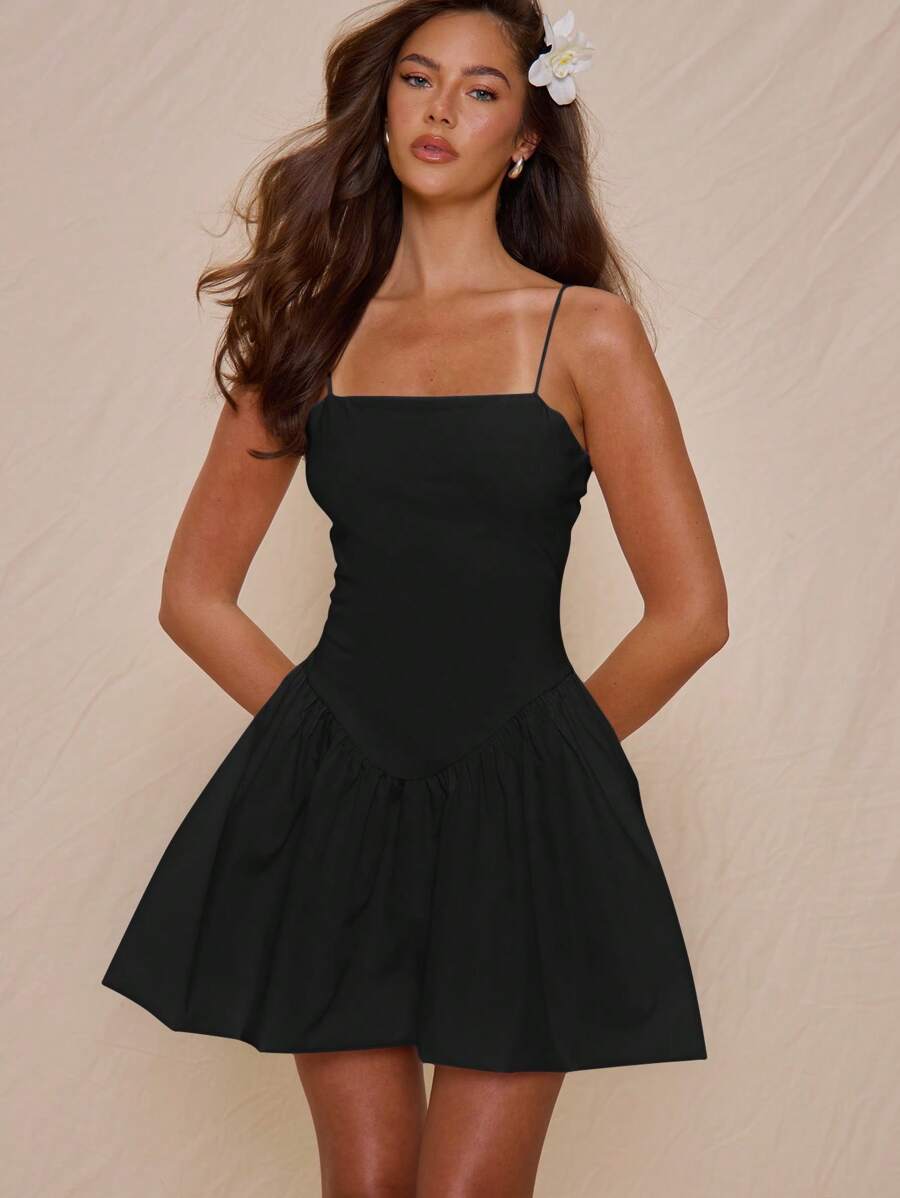 MUSERA Spaghetti Strap Fitted Bodice Puffball Mini Dress Spring Summer Vacation Cute Elegant Night Out Birthday, Night Out, Date Night, Grunge Fall Winter  Party  Chic - Black - View 1