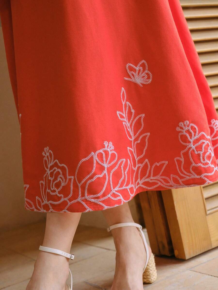 MOTF STUDIO LINEN EMBROIDERY V-NECK ZIPPER BACK SLEEVELESS DRESS WITHOUT BELT