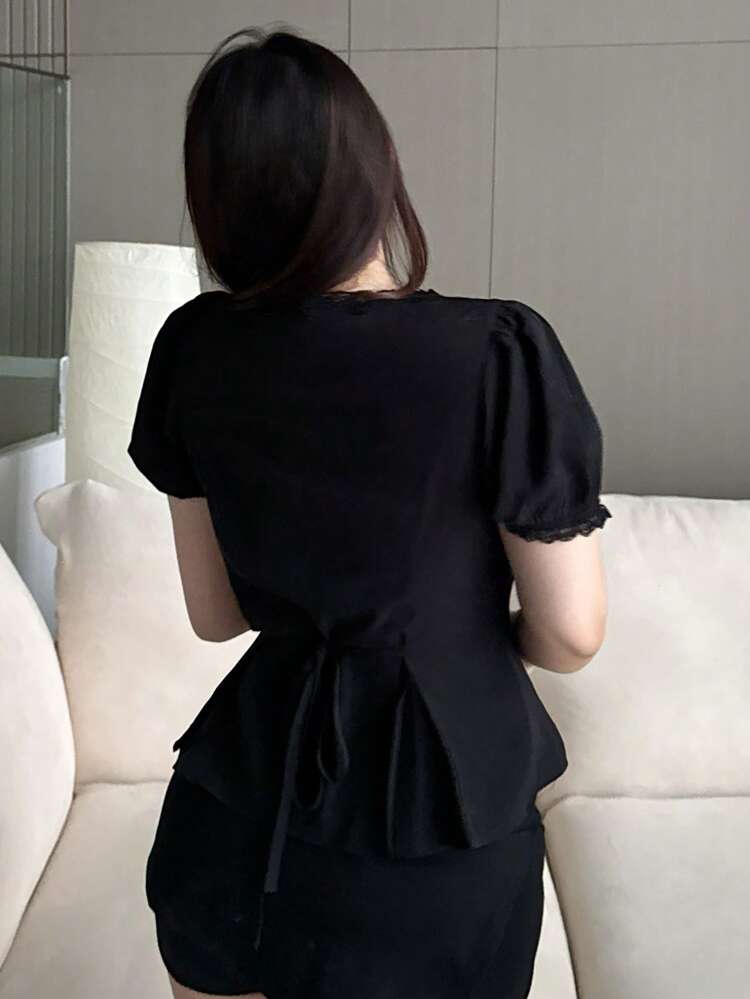 Plus Size Women's Deep V-Neck Contrast Lace Open Front Cinched Waist Puff Sleeve Sexy Black Blouse Preppy Tops