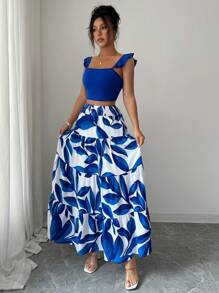 Elenzga Women 2pcs Set Ruffled Strap Backless Camisole & Printed Fitted Skirt - Blue - View 5