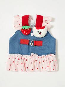 PETSIN 春夏甜美可爱草莓3D图案蝴蝶结熊设计波尔卡圆点网眼透气宠物连衣裙，轻盈，适合外出和牵引，猫裙 - 彩色 - 查看 2