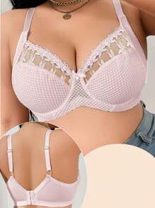 SHEIN Plus Size Women Sheer Embroidered Padded Underwire Bra, Lift - Pink - View 7