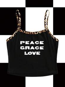 MICHELLE K GRAPHICS Black, Colorblock, Leopard Print, Peace & Love, Slogan, Sexy, Casual Y2K Style Cropped Fitted Tank Top For Women, Suitable For Summer, EDC, Music Festivals Club Going-Out Back To School 2000s Style - Black and White - View 1