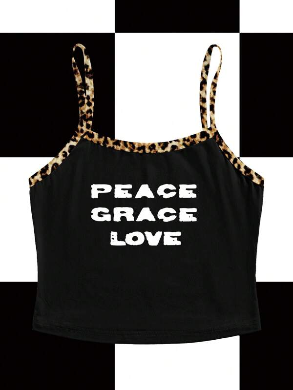 Y2Kool MICHELLE K GRAPHICS Black, Colorblock, Leopard Print, Peace & Love, Slogan, Sexy, Casual Y2K Style Cropped Fitted Tank Top For Women, Suitable For Summer, EDC, Music Festivals Club Going-Out Back To School 2000s Style
