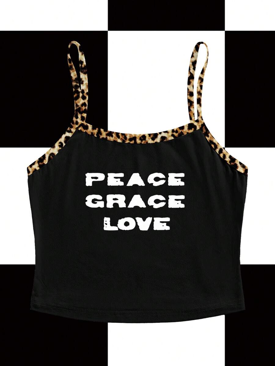 MICHELLE K GRAPHICS Black, Colorblock, Leopard Print, Peace & Love, Slogan, Sexy, Casual Y2K Style Cropped Fitted Tank Top For Women, Suitable For Summer, EDC, Music Festivals Club Going-Out Back To School 2000s Style - Black and White - View 1