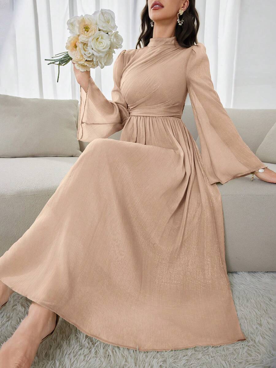 Modelyn Đầm dài tay đơn giản hàng ngày màu trơn cho nữ Đầm dạ hội dài - Lạc đà - Xem 1
