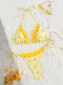 Swim Vcay Bikini giallo alla moda da vacanza, con volant, stampa floreale ditsy, per donna d'estate