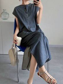 FRIFUL 女士休闲水洗无袖长款牛仔连衣裙 女装 女士夏季服装 工作夏季连衣裙 夏季服装 女士短款连衣裙 夏季返校服装 - 藍色 - 查看 6