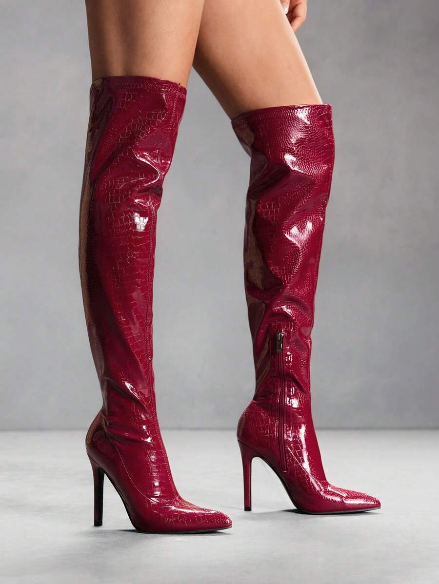 CUCCOO SZL 尖头细高跟过膝长靴，时尚性感派对俱乐部装，酒红色弹力修身过膝长靴 - 酒紅色 - 查看 1