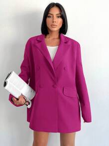 SHEIN Cottnline 翻領雙排扣寬鬆西裝外套 - 玫紅色 - 查看 4