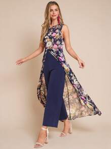 Amorya 女式优雅花卉印花拼接高开衩无袖连体裤，夏季 - 彩色 - 查看 5