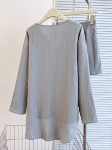 2pcs Women's Solid Color Drop Shoulder Long Sleeve Button Half Placket Top And Shorts Set