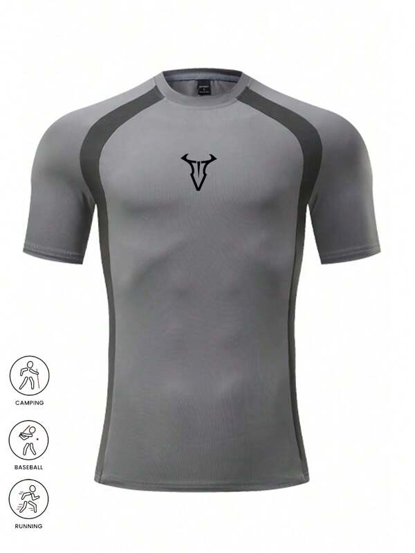 Manfinity Sport Polished Men's Solid Color Patchwork Round Neck Short Sleeve Print Casual Sports T-Shirt