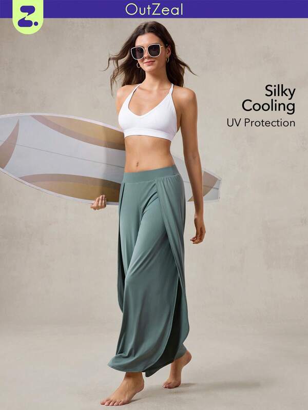 OutZeal Cool Touch Silky Soft Side Overlap Pleat Sunproof Pants Vacation Casual Lounge Summer