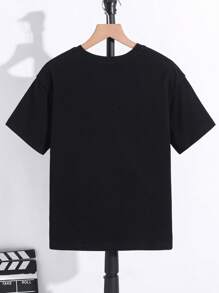 SHEIN 1pc Tween Boy Casual Hip Hop Character & Slogan Oversized Short Sleeve Black T-Shirt, Summer - Black - View 4