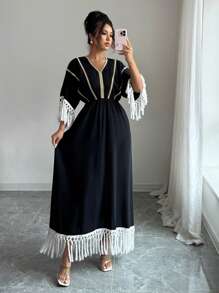 Chiquease 女式 V 领抽绳 A 字形流苏下摆长款连衣裙 - 黑色 - 查看 1